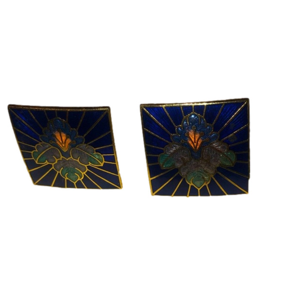 VTG Gold Tone Brass Square Shape Painted Enamel Iris Flower Earrings 1” x 1” - Picture 1 of 4